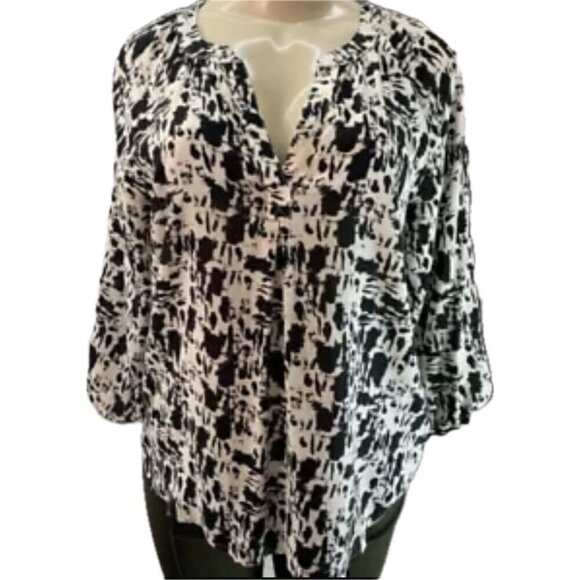 Gap S Black-Eggshell Paint Splash Print Split Neck Step-Hem 3/4 Sleeve Blouse - Picture 2 of 6